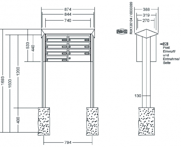 RENZ Briefkastenanlage freistehend, PRISMA, Edelstahl V4A, Kastenformat 370x110x270mm, 7-teilig, zum Einbetonieren